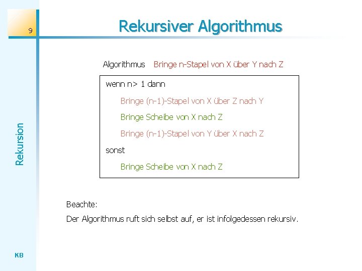 Rekursiver Algorithmus 9 Algorithmus Bringe n-Stapel von X über Y nach Z wenn n>