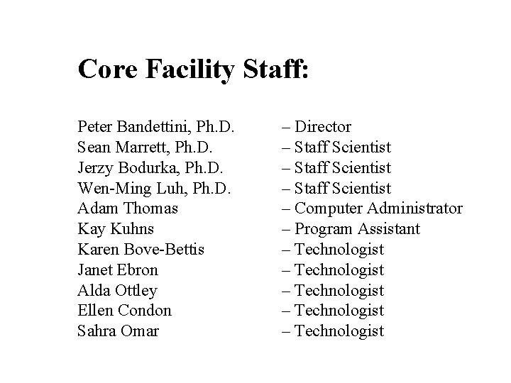 Core Facility Staff: Peter Bandettini, Ph. D. Sean Marrett, Ph. D. Jerzy Bodurka, Ph.