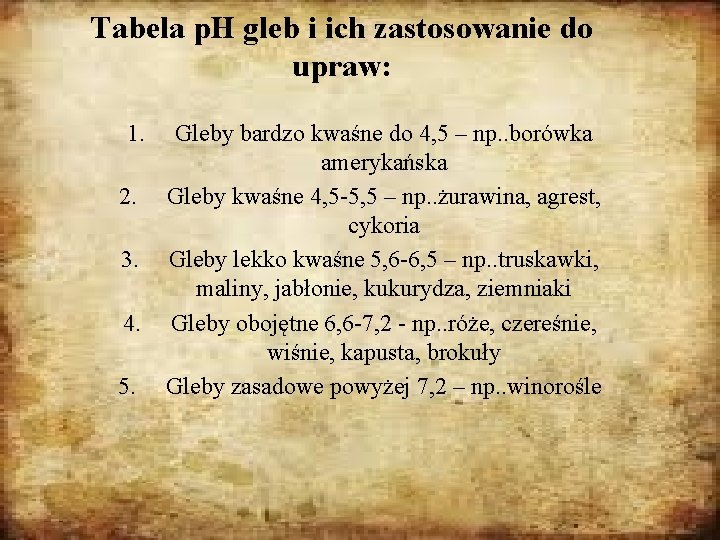 Tabela p. H gleb i ich zastosowanie do upraw: 1. 2. 3. 4. 5.