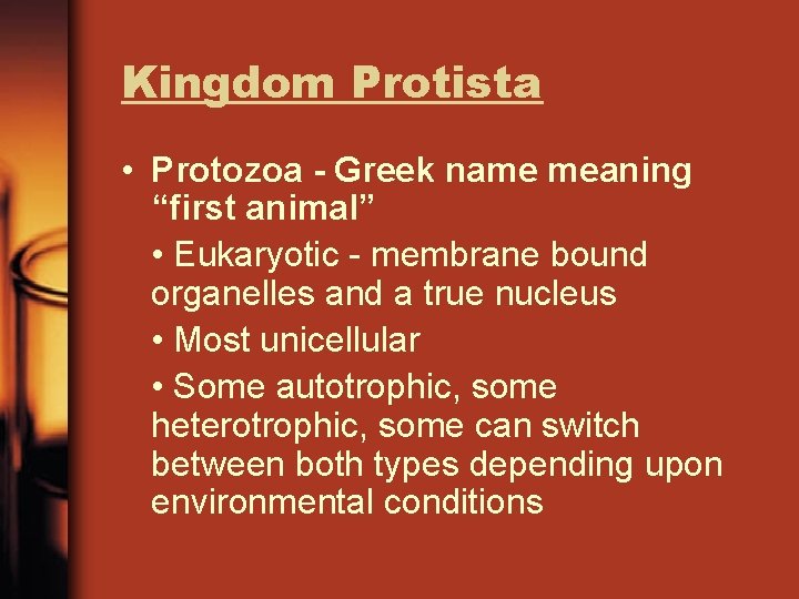 Kingdom Protista • Protozoa - Greek name meaning “first animal” • Eukaryotic - membrane