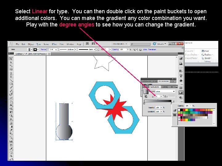 Select Linear for type. You can then double click on the paint buckets to