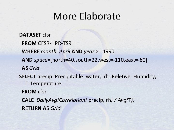 More Elaborate DATASET cfsr FROM CFSR-HPR-TS 9 WHERE month=April AND year >= 1990 AND