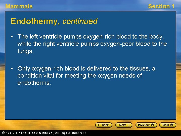 Mammals Section 1 Endothermy, continued • The left ventricle pumps oxygen-rich blood to the