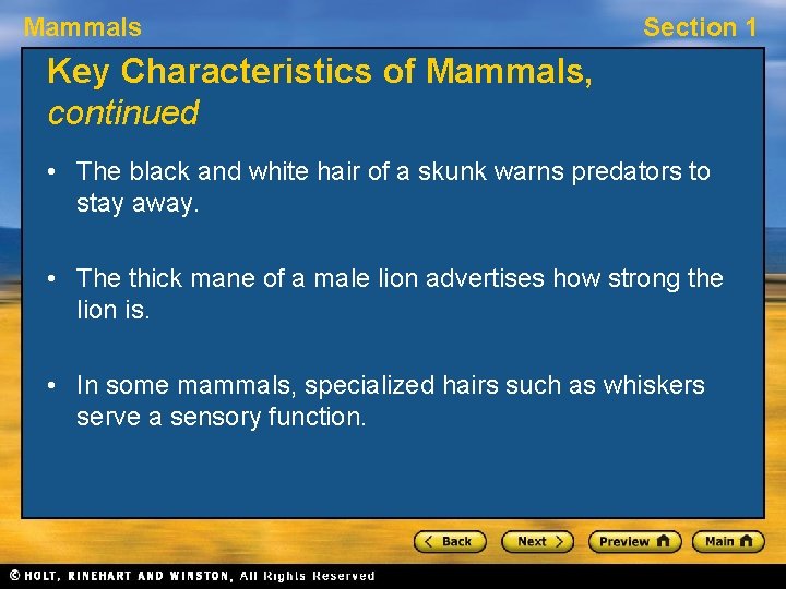 Mammals Section 1 Key Characteristics of Mammals, continued • The black and white hair