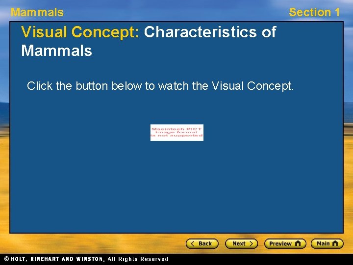 Mammals Section 1 Visual Concept: Characteristics of Mammals Click the button below to watch
