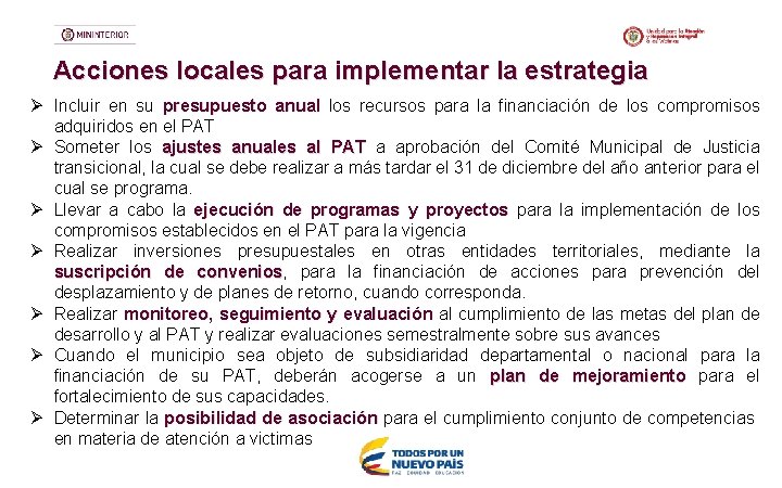 Acciones locales para implementar la estrategia Ø Incluir en su presupuesto anual los recursos