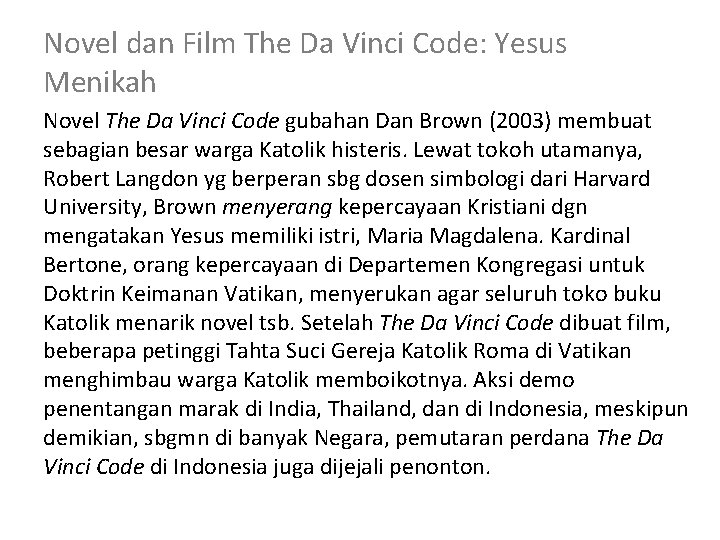 Novel dan Film The Da Vinci Code: Yesus Menikah Novel The Da Vinci Code