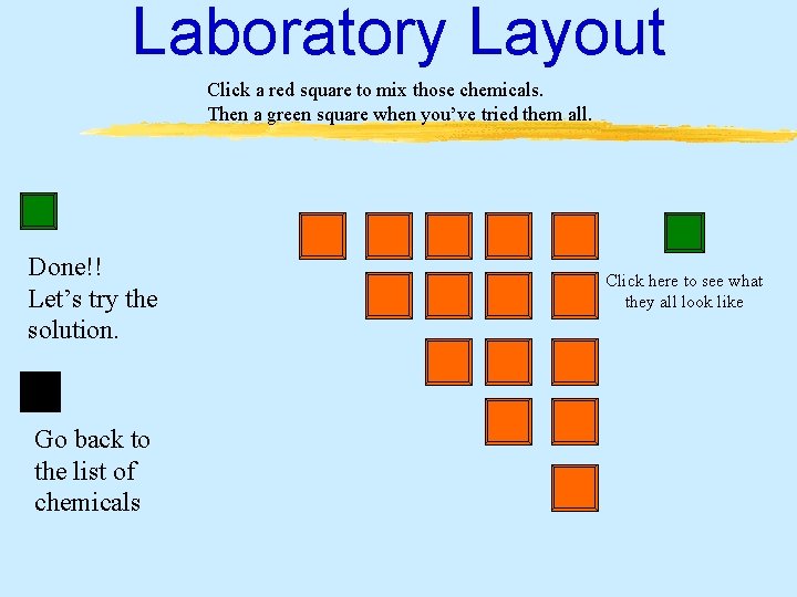 Laboratory Layout Click a red square to mix those chemicals. Then a green square