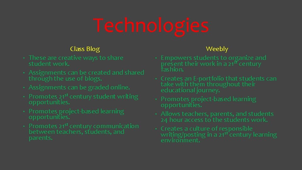 Technologies • • • Class Blog These are creative ways to share student work. Technologies • • • Class Blog These are creative ways to share student work.
