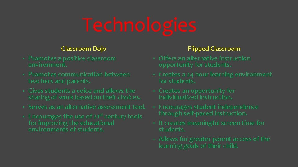 Technologies • • • Classroom Dojo Promotes a positive classroom environment. Promotes communication between Technologies • • • Classroom Dojo Promotes a positive classroom environment. Promotes communication between
