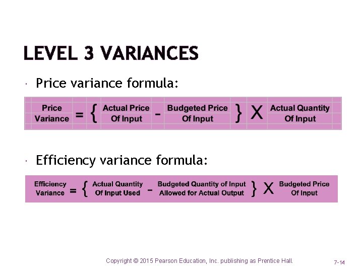 LEVEL 3 VARIANCES Price variance formula: Efficiency variance formula: Copyright © 2015 Pearson Education,