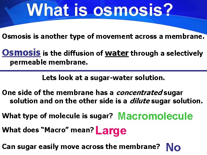What is osmosis? Osmosis is another type of movement across a membrane. Osmosis is