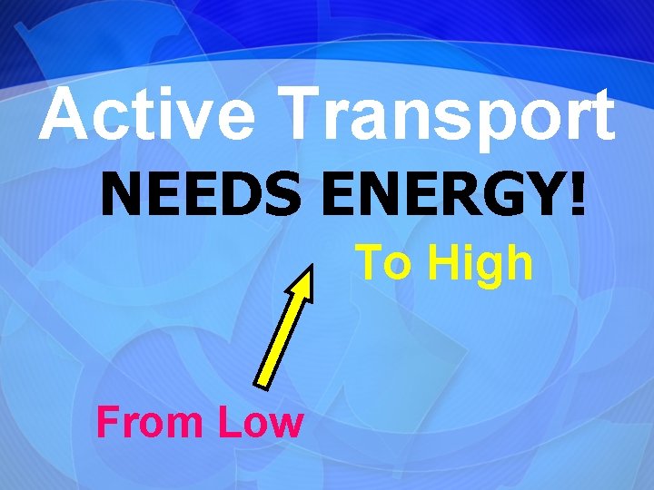 Active Transport NEEDS ENERGY! To High From Low 