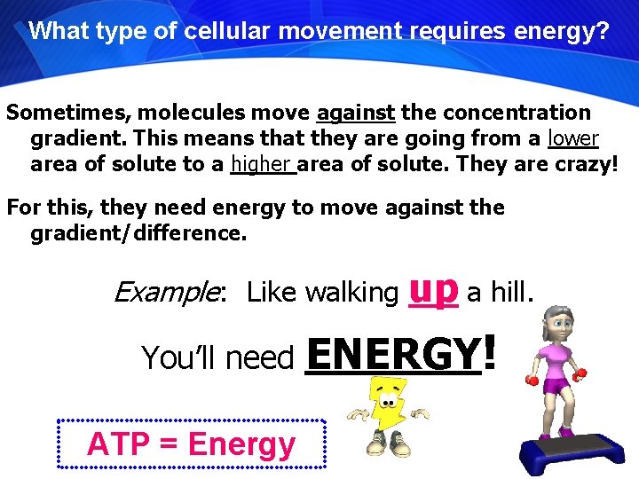 What type of cellular movement requires energy? Sometimes, molecules move against the concentration gradient.
