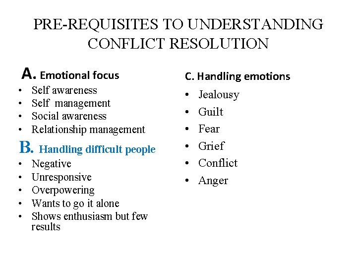 PRE-REQUISITES TO UNDERSTANDING CONFLICT RESOLUTION A. Emotional focus • • Self awareness Self management