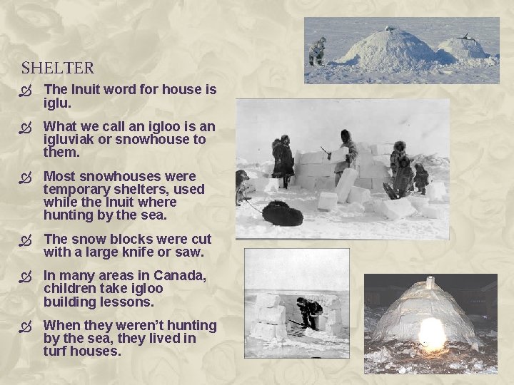 SHELTER The Inuit word for house is iglu. What we call an igloo is