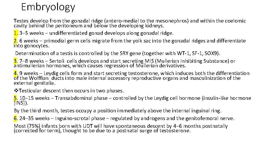Embryology Testes develop from the gonadal ridge (antero-medial to the mesonephros) and within the