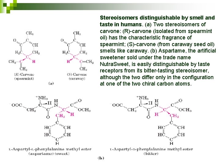 Stereoisomers distinguishable by smell and taste in humans. (a) Two stereoisomers of carvone: (R)-carvone