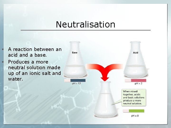 Neutralisation § A reaction between an acid and a base. § Produces a more