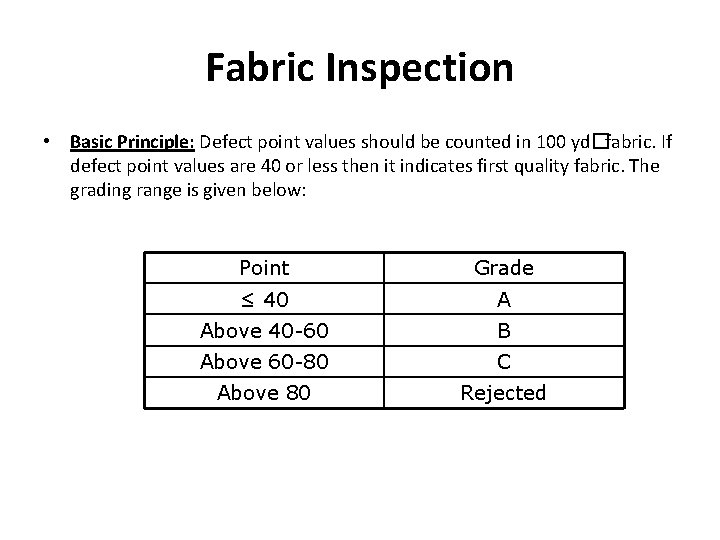 Fabric Inspection • Basic Principle: Defect point values should be counted in 100 yd�fabric.