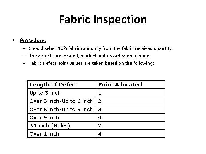 Fabric Inspection • Procedure: – Should select 10% fabric randomly from the fabric received