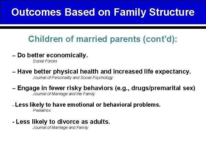 Outcomes Based on Family Structure Children of married parents (cont’d): – Do better economically.