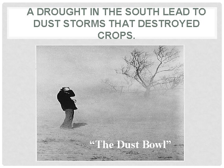 A DROUGHT IN THE SOUTH LEAD TO DUST STORMS THAT DESTROYED CROPS. “The Dust