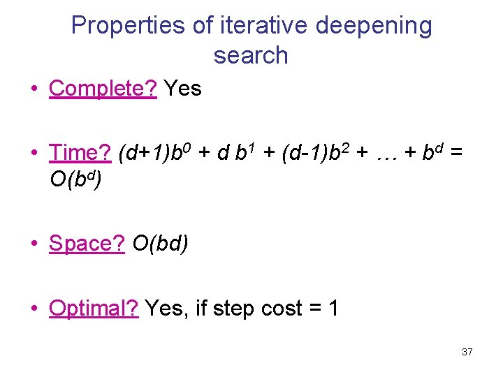 Properties of iterative deepening search • Complete? Yes • Time? (d+1)b 0 + d