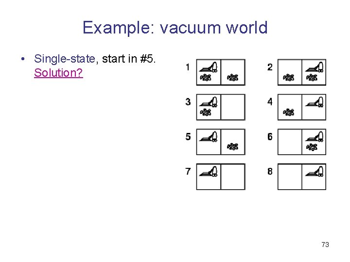 Example: vacuum world • Single-state, start in #5. Solution? 73 