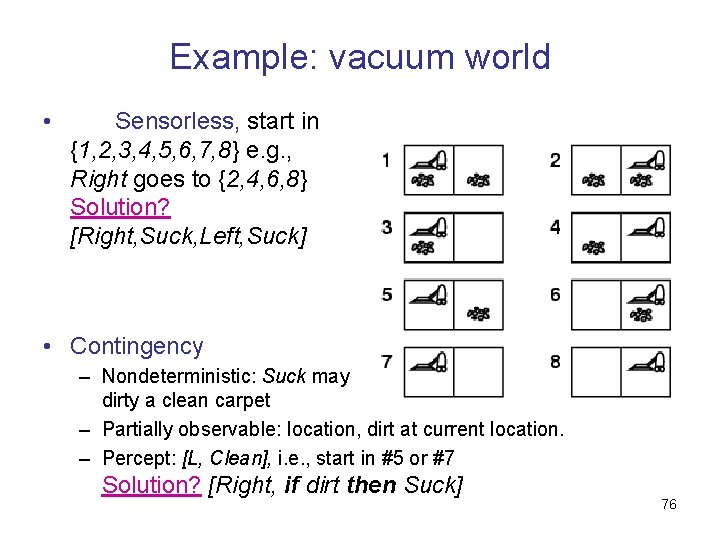 Example: vacuum world • Sensorless, start in {1, 2, 3, 4, 5, 6, 7,