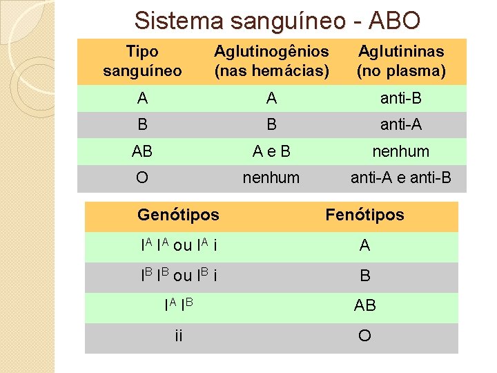 Sistema sanguíneo - ABO Tipo sanguíneo Aglutinogênios (nas hemácias) Aglutininas (no plasma) A A