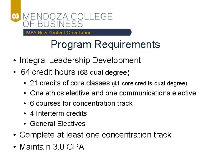 MBA New Student Orientation Program Requirements • Integral Leadership Development • 64 credit hours