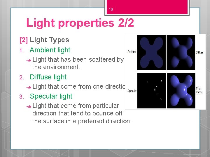 10 Light properties 2/2 [2] Light Types 1. Ambient light Light that has been
