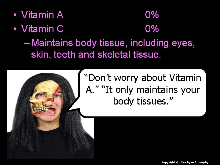  • Vitamin A 0% • Vitamin C 0% – Maintains body tissue, including