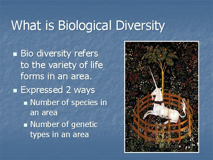 What is Biological Diversity n n Bio diversity refers to the variety of life