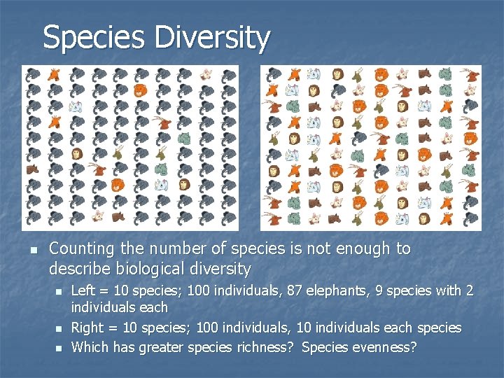 Species Diversity n Counting the number of species is not enough to describe biological