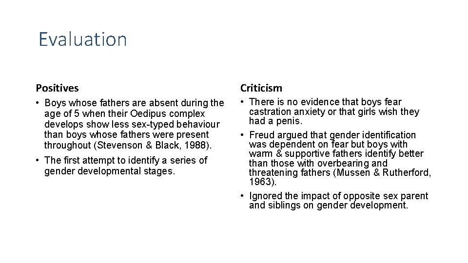 Evaluation Positives Criticism • Boys whose fathers are absent during the age of 5