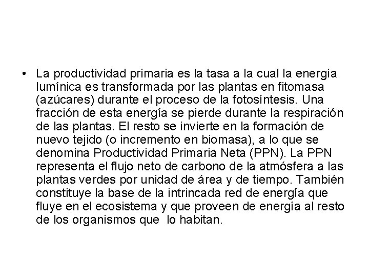  • La productividad primaria es la tasa a la cual la energía lumínica