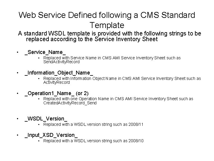 Web Service Defined following a CMS Standard Template A standard WSDL template is provided Web Service Defined following a CMS Standard Template A standard WSDL template is provided