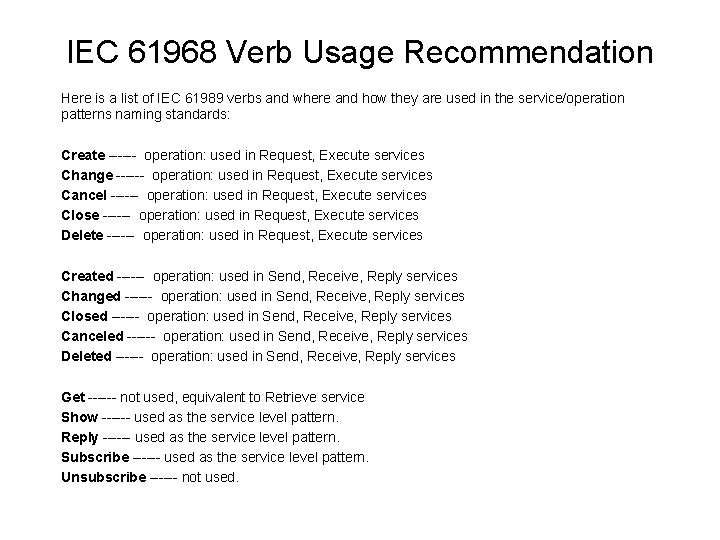 IEC 61968 Verb Usage Recommendation Here is a list of IEC 61989 verbs and IEC 61968 Verb Usage Recommendation Here is a list of IEC 61989 verbs and