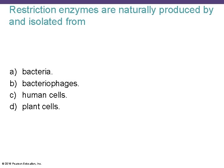 Restriction enzymes are naturally produced by and isolated from a) b) c) d) bacteria.