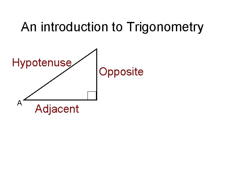 An introduction to Trigonometry Hypotenuse A Adjacent Opposite 
