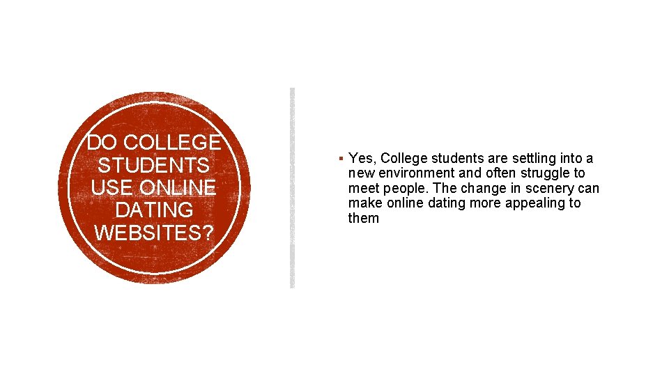 DO COLLEGE STUDENTS USE ONLINE DATING WEBSITES? § Yes, College students are settling into