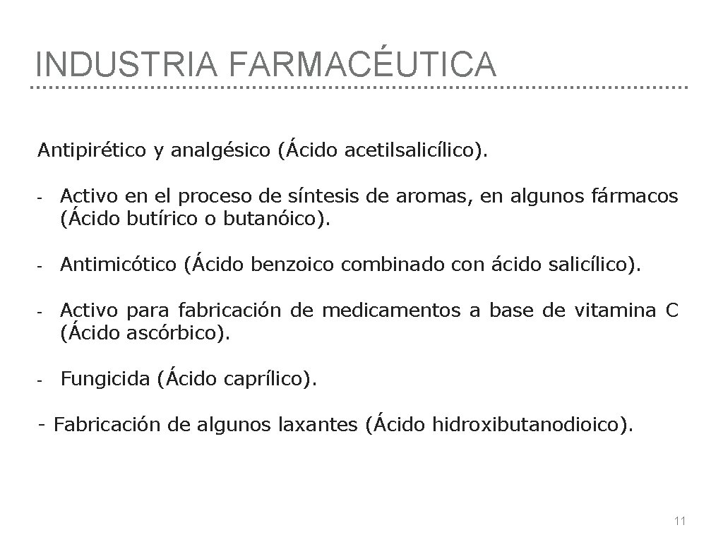 INDUSTRIA FARMACÉUTICA Antipirético y analgésico (Ácido acetilsalicílico). - Activo en el proceso de síntesis