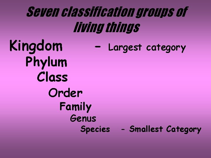 Seven classification groups of living things Kingdom - Largest category Phylum Class Order Family