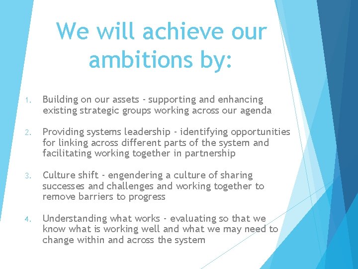 We will achieve our ambitions by: 1. Building on our assets - supporting and