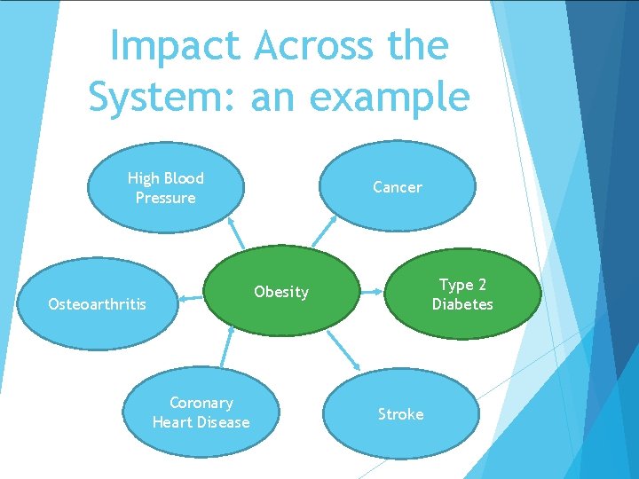 Impact Across the System: an example High Blood Pressure Cancer Type 2 Diabetes Obesity