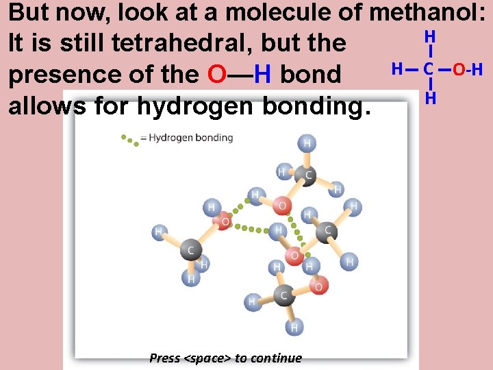 But now, look at a molecule of methanol: It is still tetrahedral, but the