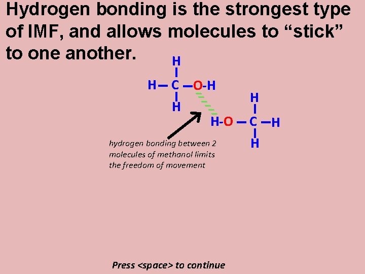 Hydrogen bonding is the strongest type of IMF, and allows molecules to “stick” to