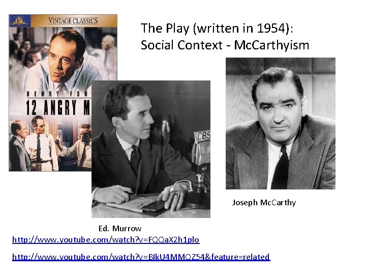 The Play (written in 1954): Social Context - Mc. Carthyism Joseph Mc. Carthy Ed.